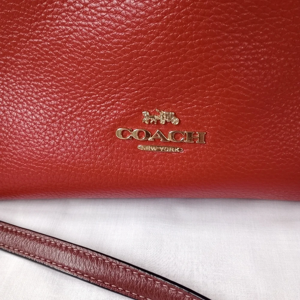 Coach Red Pebbled Leather Satchel with Dark Brown Trim and Gold Hardware